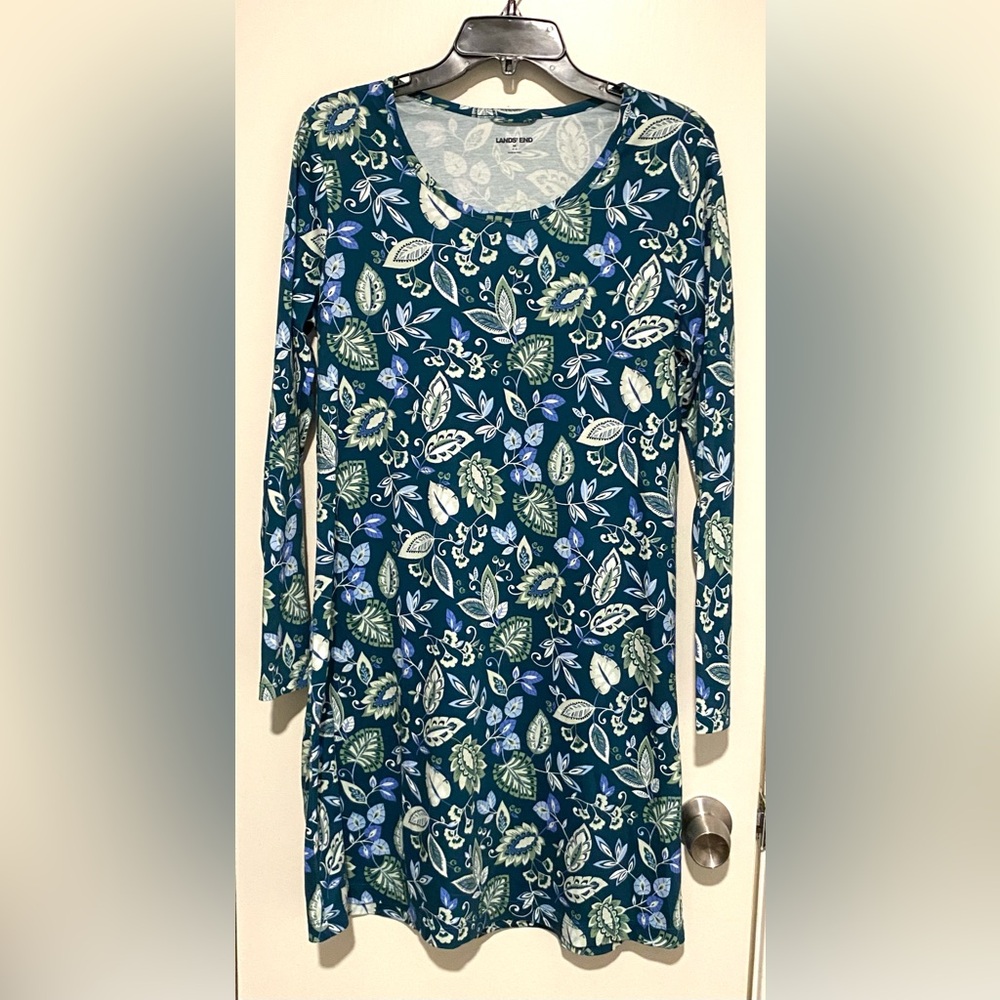 Lands' End Teal Floral Long Sleeve Knit Dress M
